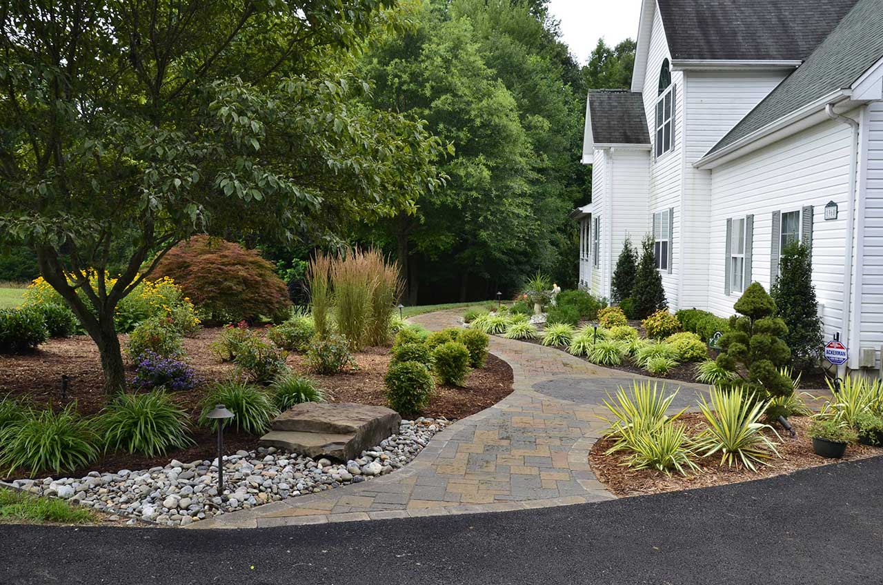 Curved garden walkway with maintained planting beds